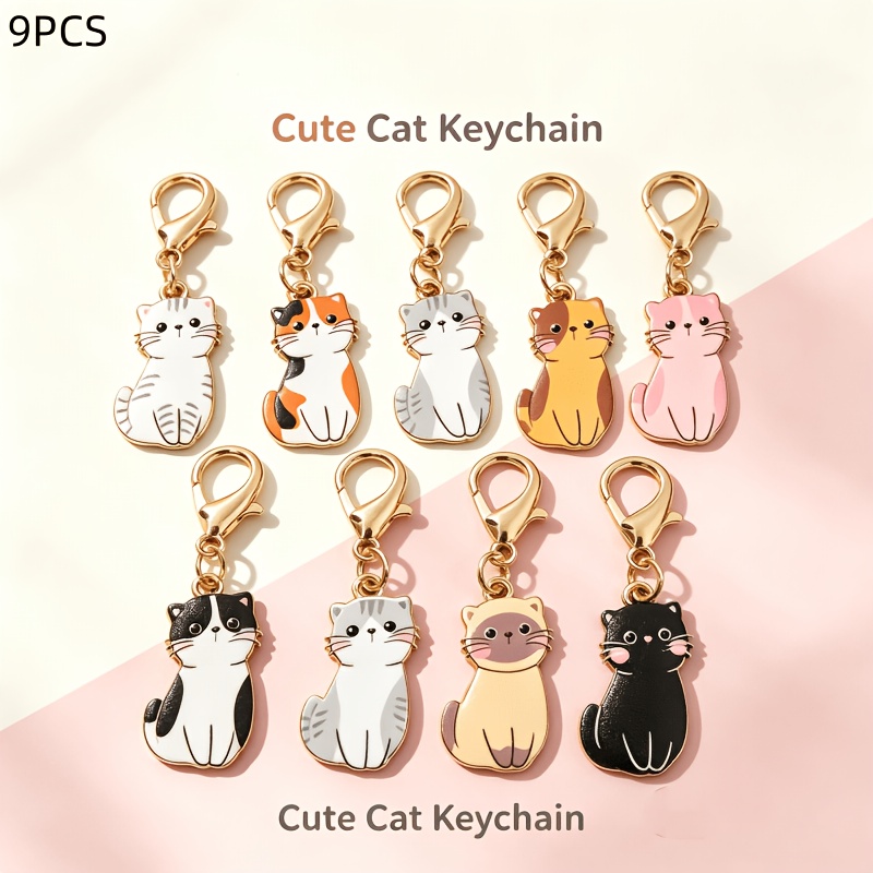 TEMU 9点セット かわいい猫プリントキーホルダーセット 服、バックパック、車の鍵、キーリング、スマホチェーン、お正月ギフト用