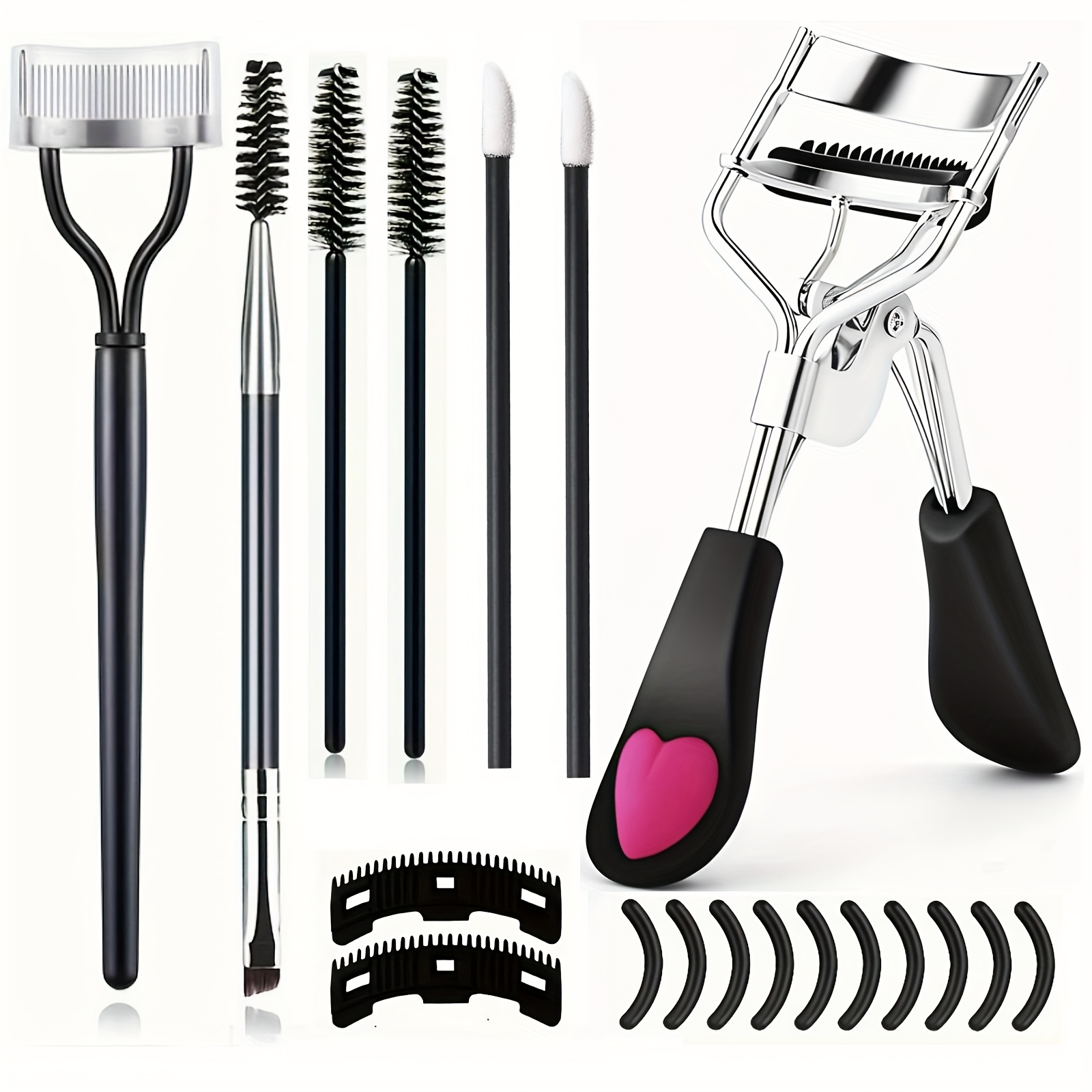TEMU Ensemble de recourbe-cils avec peigne, bandes de rechange pour recourbe-cils, brosse à sourcils et mascara, pinceau spiralé pour mascara, brosse