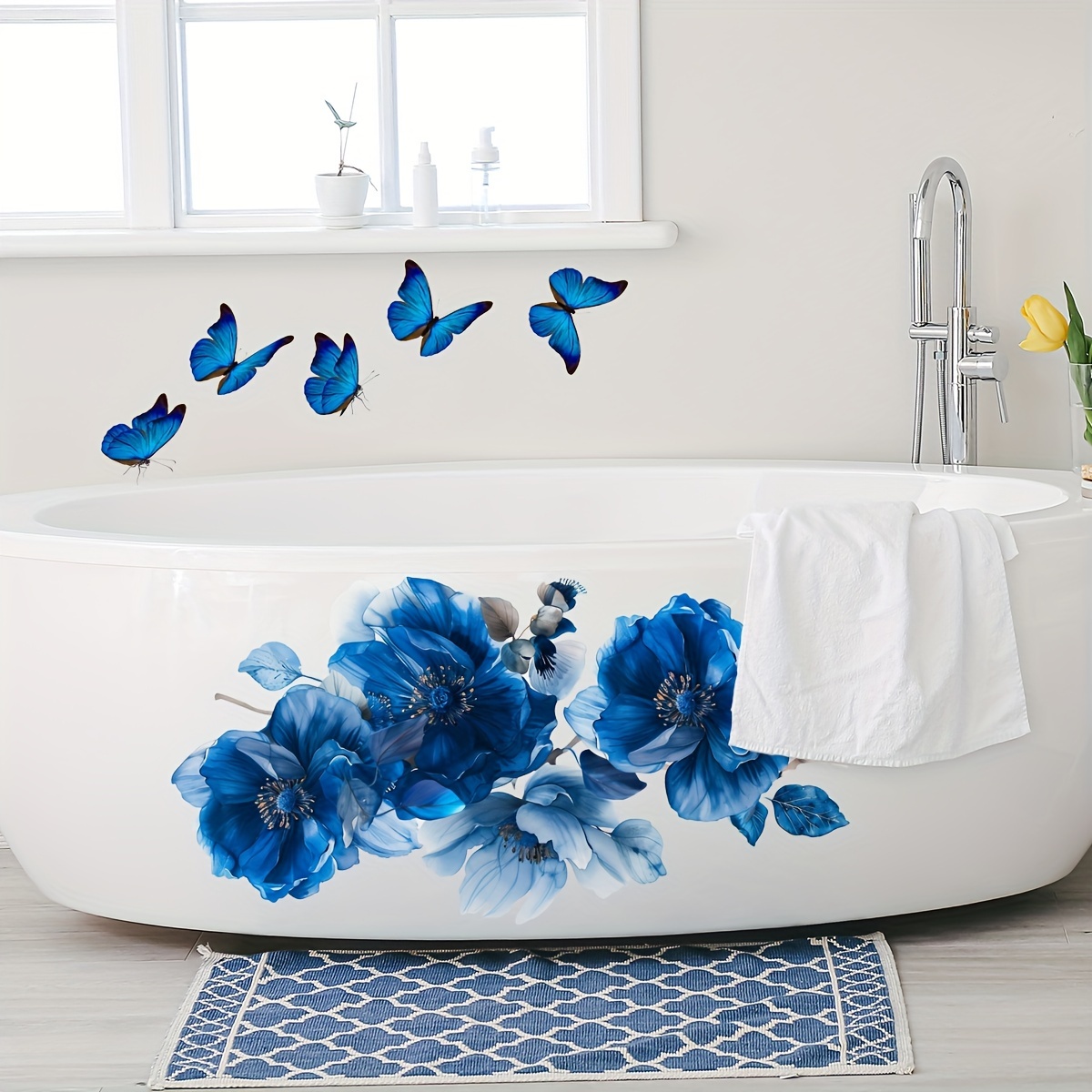 

Blue Floral Toilet Wall Sticker Bathroom Home Decor Sticker Self-adhesive Ms7149-yc