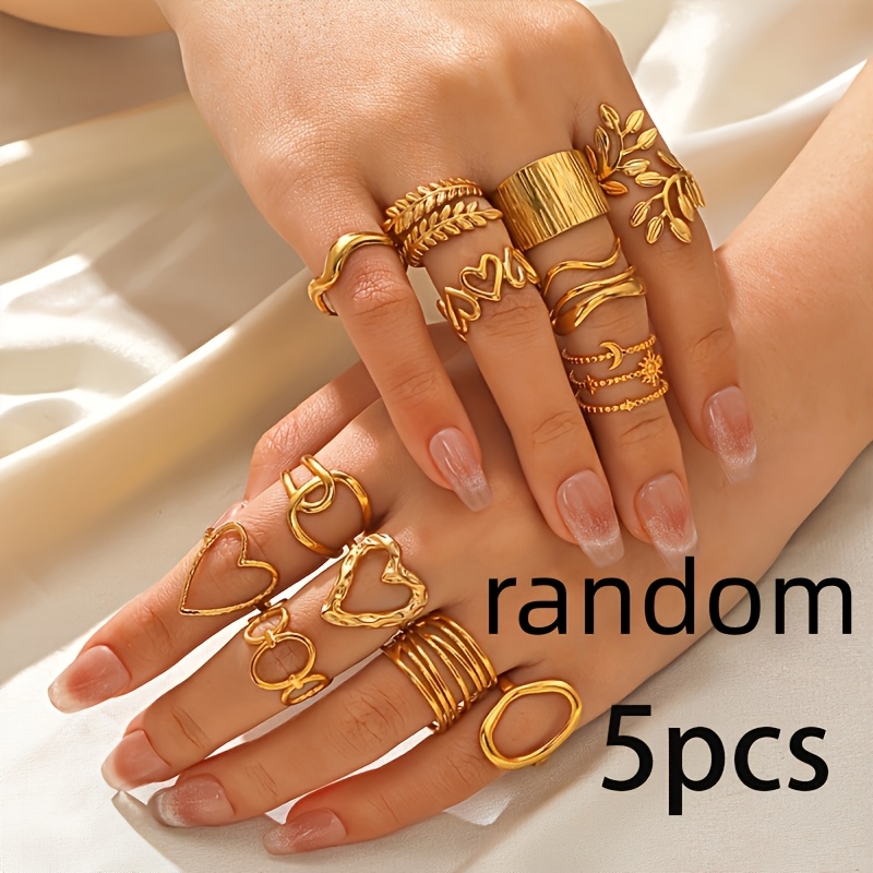 TEMU Random 5pcs Of Fashionable Women's Popular Stainless -shaped Opening Rings, Hip-hop Style Cross Titanium Steel Ring Set