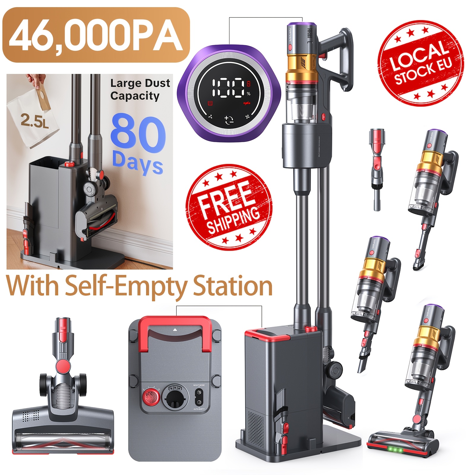 E-shop 46000Pa/60Min Staubsauger Kabellos, Lubluelu Kabelloser Staubsauger Super Leise, Leistungsstarker Kabelloser Stabstaubsauger mit