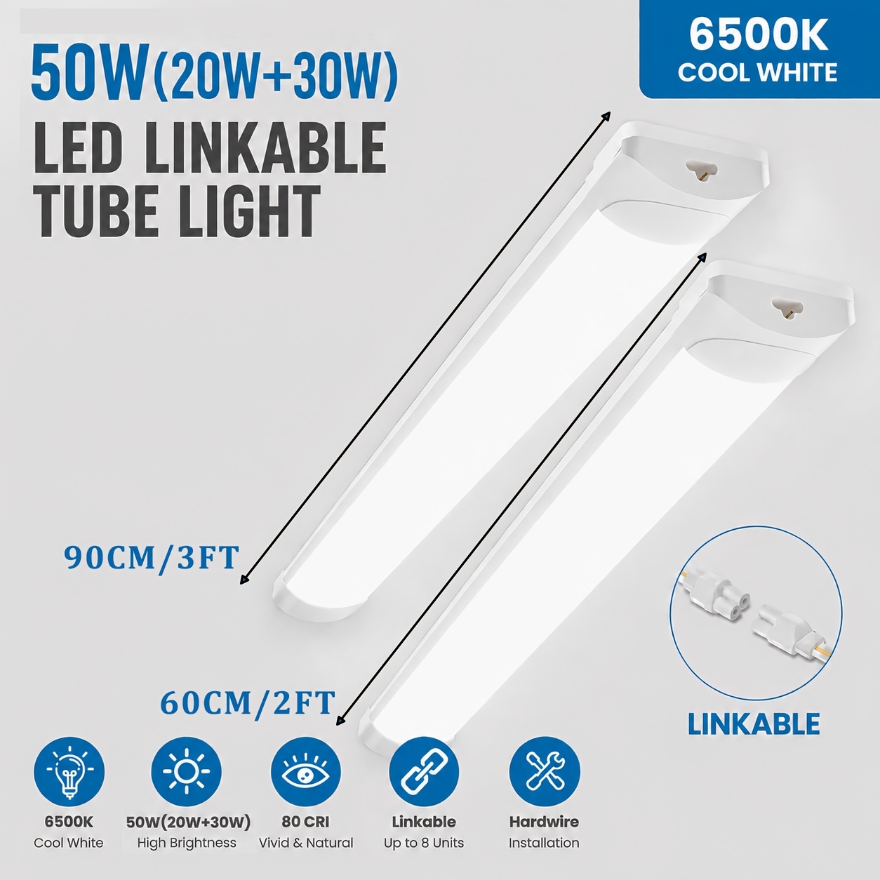 Image of 2pcs Led Tubes, Lights, Led Ceiling Lights, 6500k Cool White Light, 50w (20w + 30w) Combination Set/60w (30w + 30w) Combination Set, Design, Suitable For Lighting In , Storerooms And