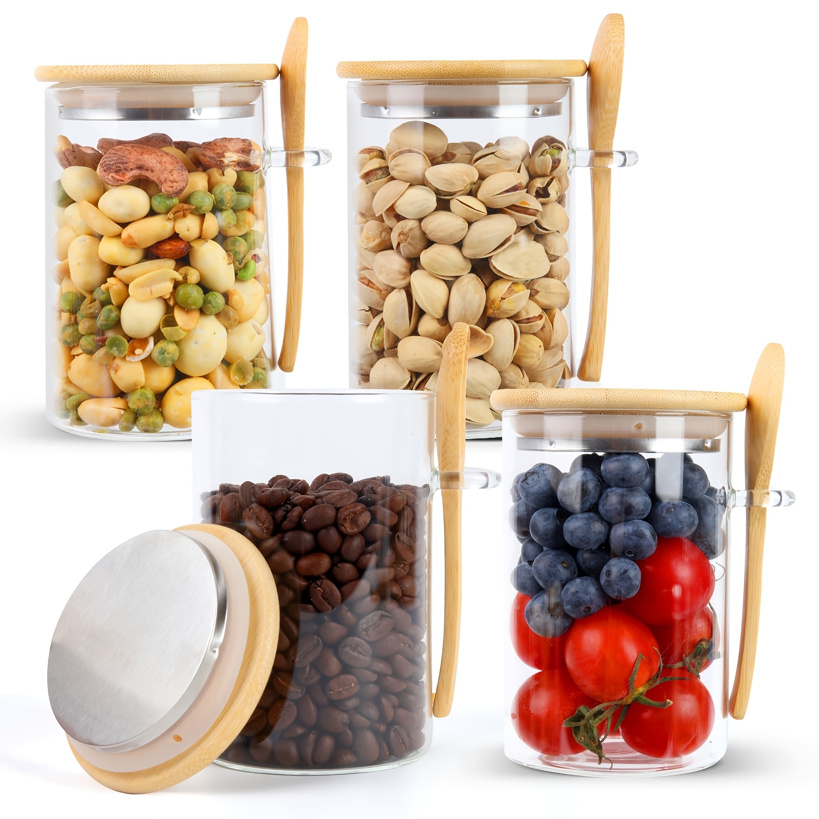 Airtight Storage Containers With Bamboo Lids: 4 X 500ml Overnight Oats Jars With Spoon - Storage Jars With Lids, Airtight Storage Containers For , Yogurt, Chia Pudding