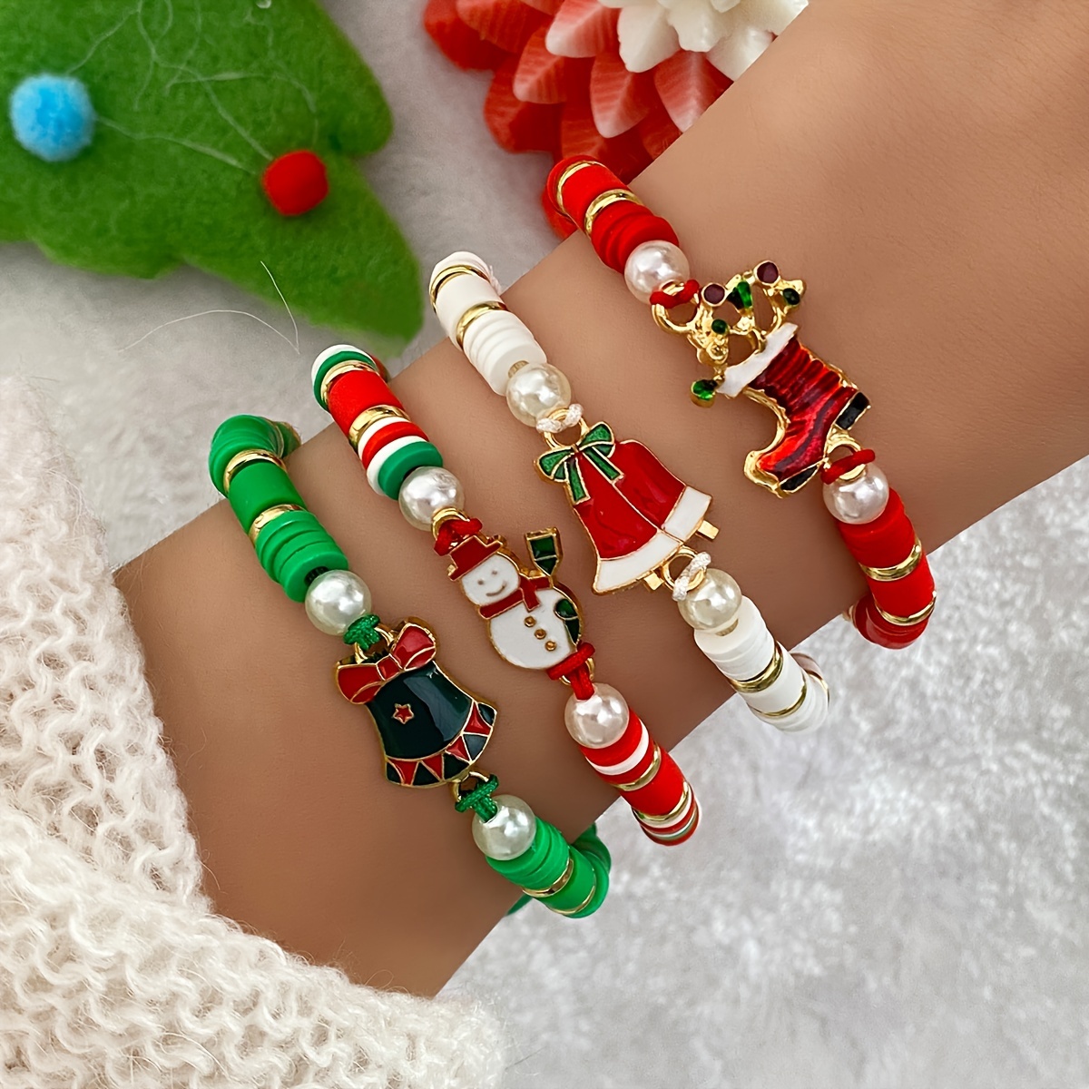 

4pcs Set Christmas Charm Bracelets - , & Snowman For Men And Women -