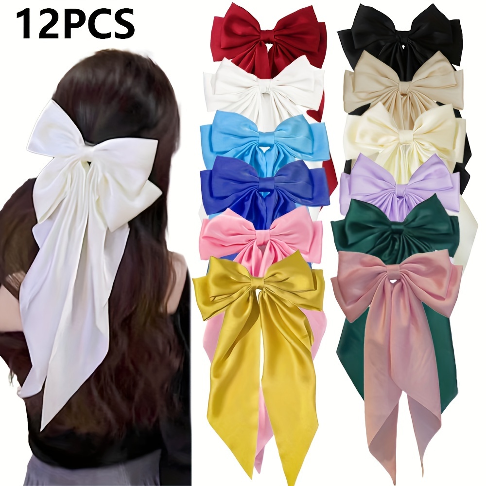 TEMU 12 Stylish, Solid Color Hair Clips With Ribbon Bows Add Embellishments For Women And Everyday Use