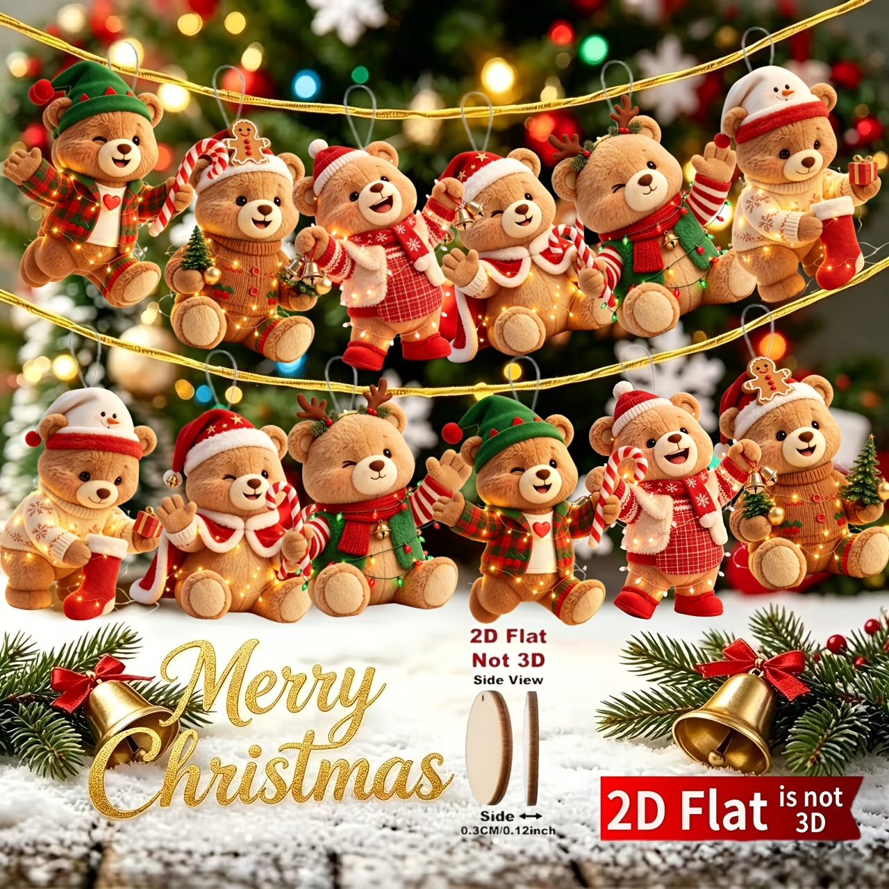 TEMU 2D Plat, 12 en peluche cadeaux de Noël, décoration de chapeau de Père Noël pour sapin de Noël, décoration à suspendre au mur, ornements de sapin