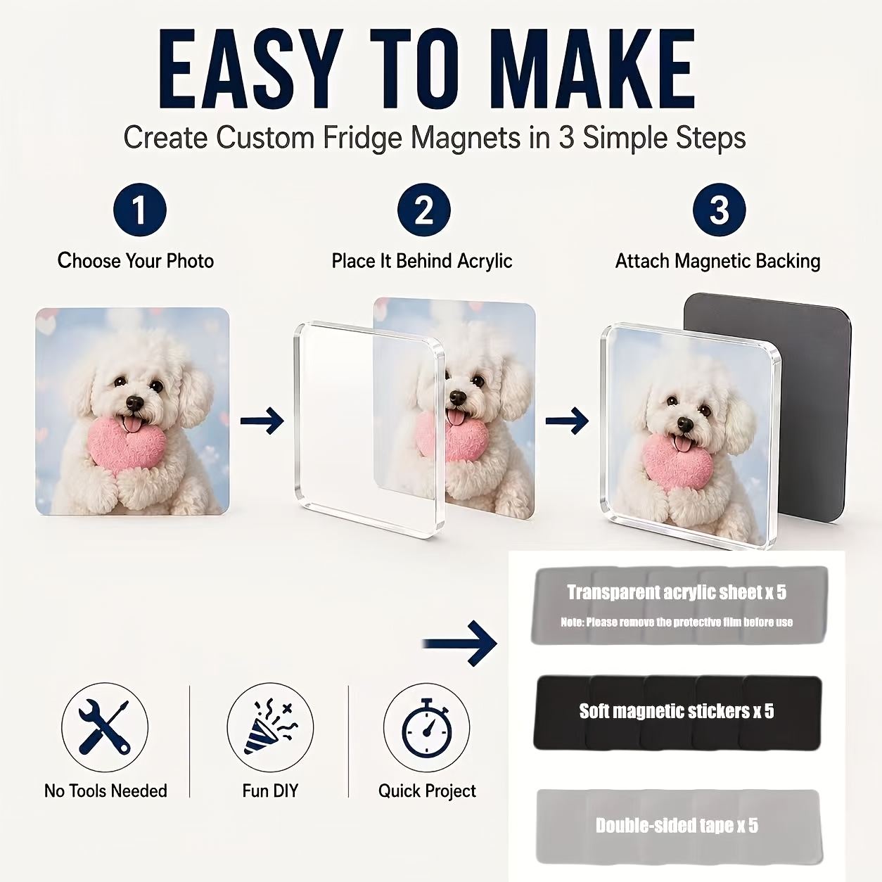 TEMU 5 Sets Acrylic Refrigerator Magnet Kit Material Package Magnetic Photo Frame Refrigerator Magnets Handmade Picture Fridge Magnets Birthday