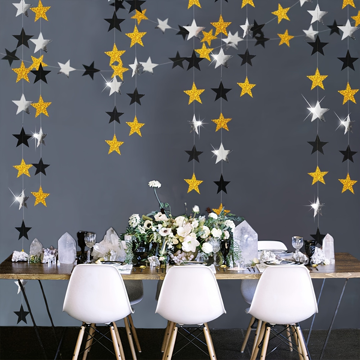 

16 Pcs/1 Set - Festive Black & Golden Paper Stars With Glitter For Party Decorations: Perfect For Weddings, Bridal Showers, Birthdays, And More - No Electricity Required