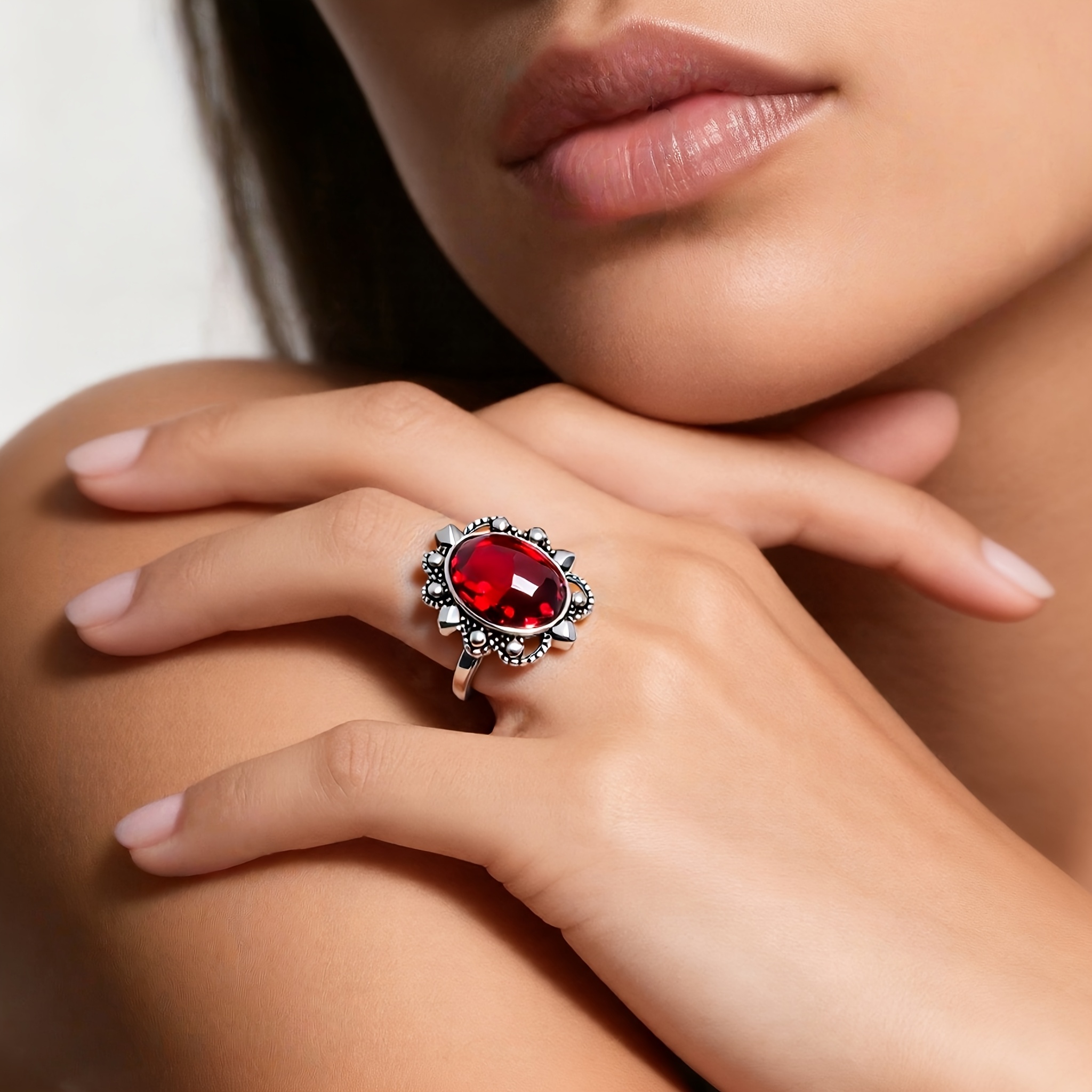 Women's Bohemian Red Zirconia Geometric Design Ring, Retro Style
