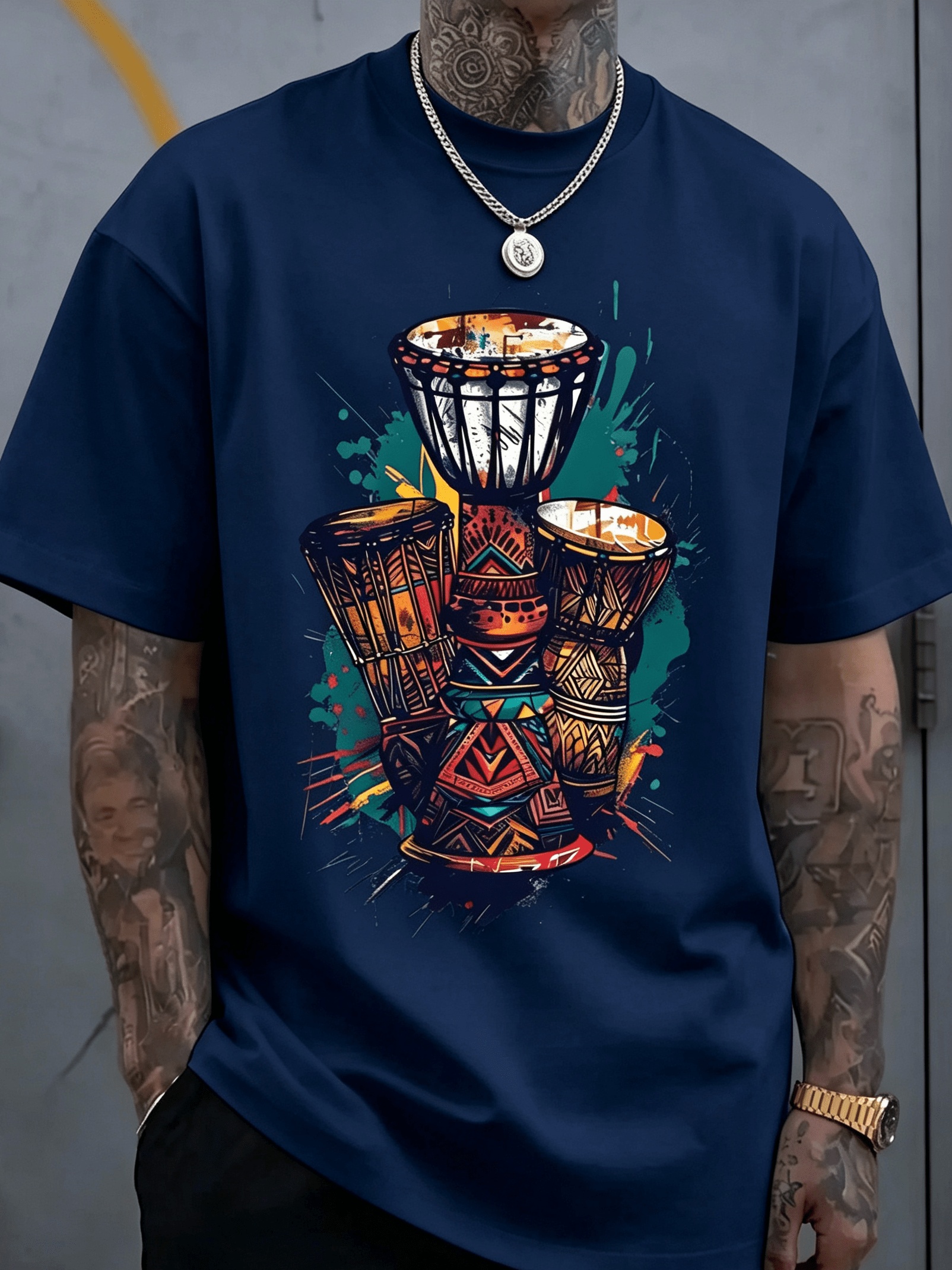 T-Shirt de Manga Curta Estilo Étnico Africano com Estampa 2D de Tambor 4