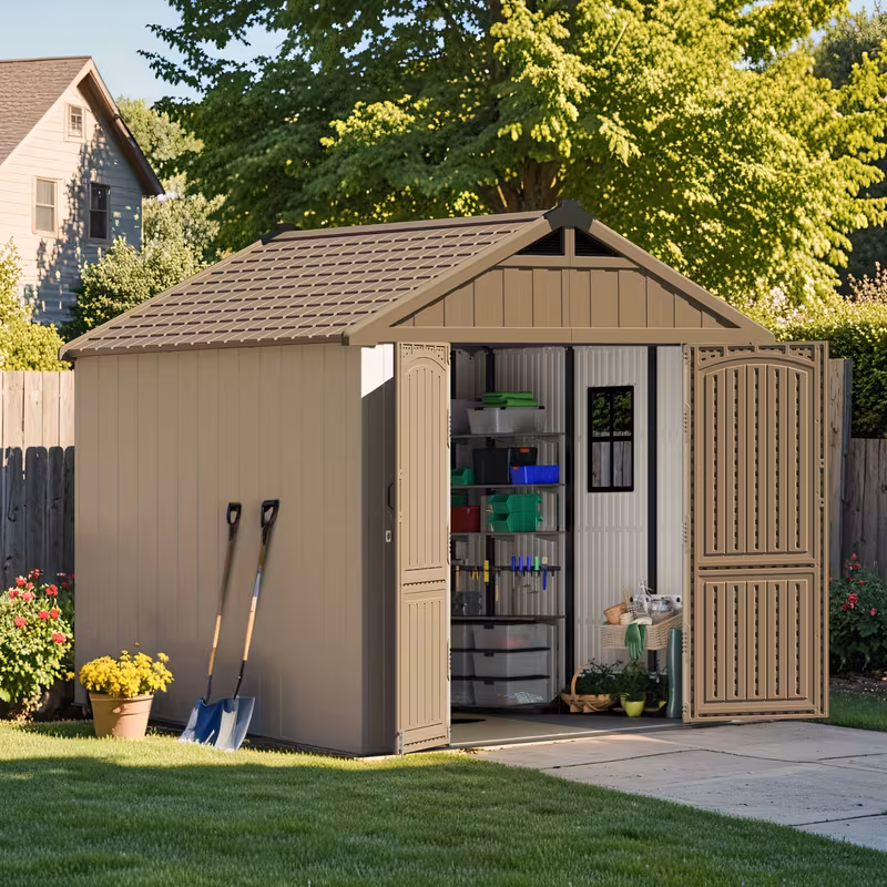 8x8 ft outdoor storage shed with lockable door large 403 cuft resin shed with windows vents all weather plastic storage shed tool organizer for backyard garden patio lawn Product details 0