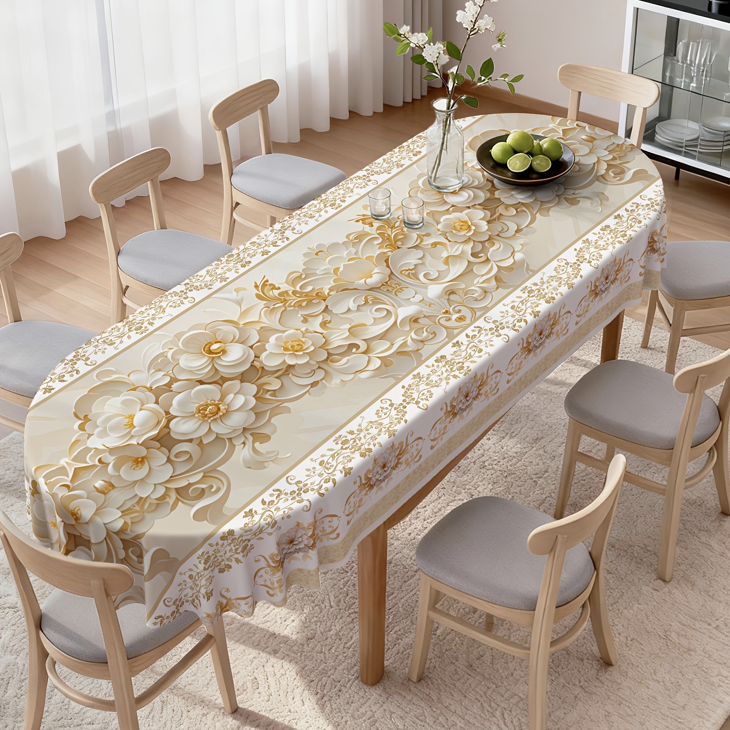 TEMU A Single Elegant White And Golden Floral Tablecloth In A 2d Design, Featuring A Style, Made Of Polyester, Suitable For Home Kitchens And Outdoor