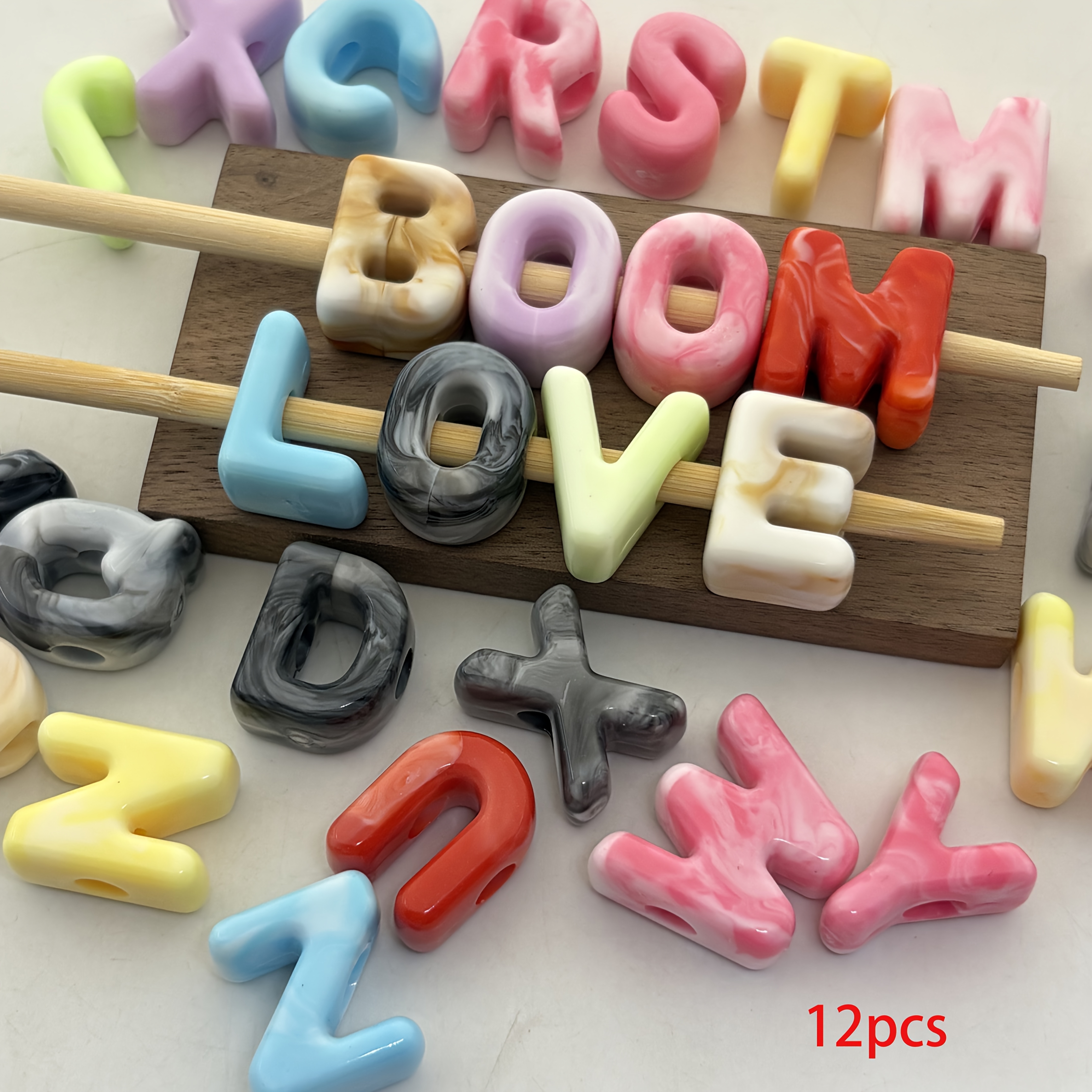 TEMU 12pcs Multicolor English Letters-14-20mm Smooth Loose Beads-acrylic Material Decorative Beads-suitable For Bracelet-jewelry And Jewelry-keychain