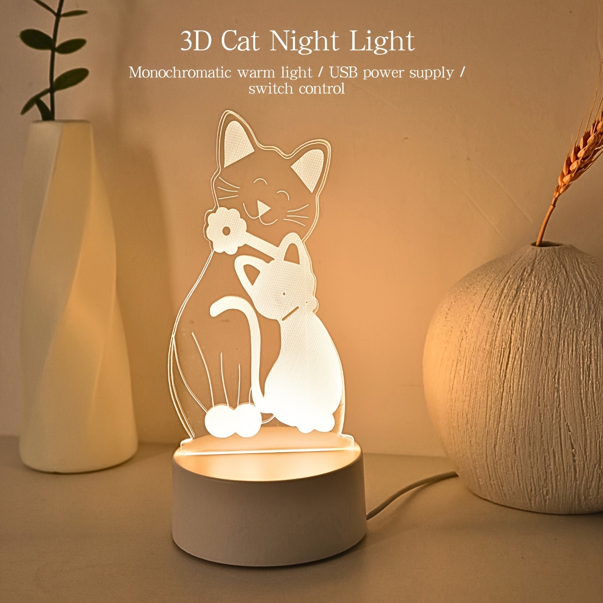 

1pc 3d Cat Night Light Monochrome Light Usb Power Switch Control, Visual Light Decoration For Decorating Bedroom, Bedside, , Bedside Table, Festival Gifts, And Birthday Gifts