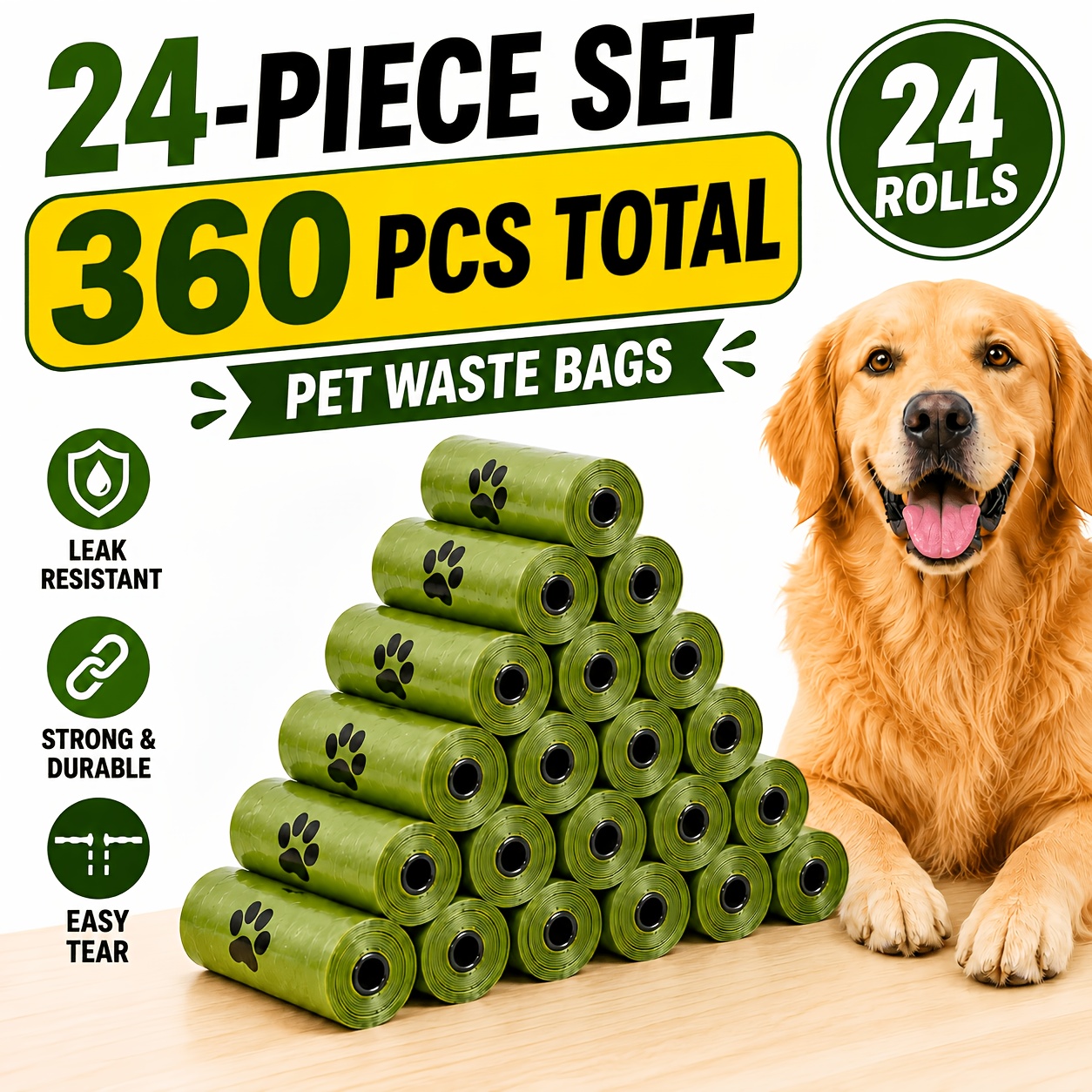 TEMU 360pcs Pet Waste Bags, 24 Rolls Print Disposable Dog Waste Bag Refills, Thick Durable Easy-tear Rolls For Daily , Travel & Pet