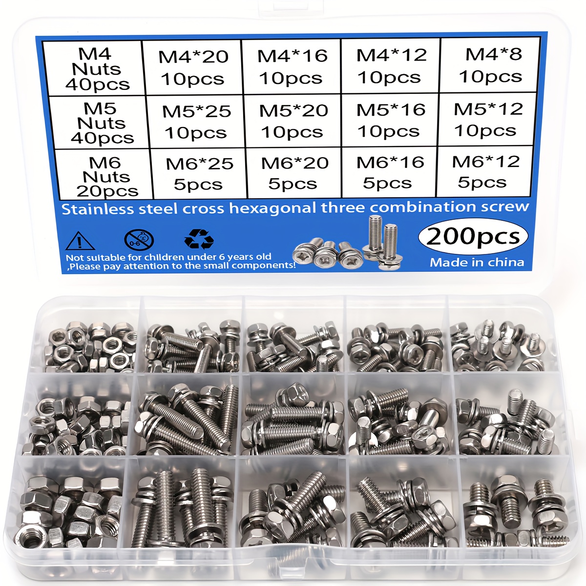 TEMU 200pcs Countersunk Hex Combo Bolts, Stainless Steel Hex Head Combo Bolts, Countersunk Hex Combo Bolts, Bicycle Combo Bolt Set