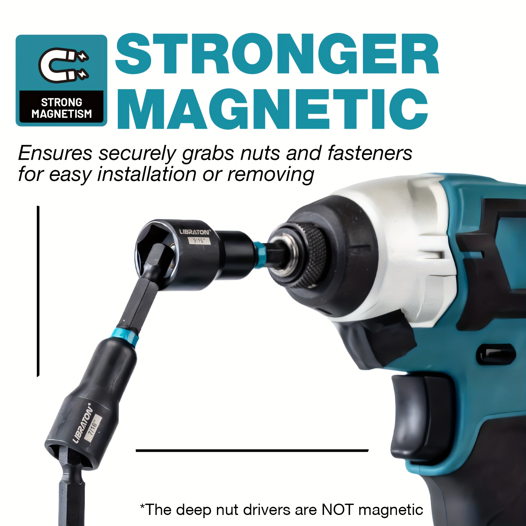 Juego de 16 piezas de desarmadores magnéticos y profundos para tuercas LIBRATON, de 1/4" a 9/16" y de 1/4" a 4/3" (3 pulgadas de largo), con vástago de 1/4" para cambio rápido, ideal para espacios reducidos, compatible con taladros de impacto - Imagen 5
