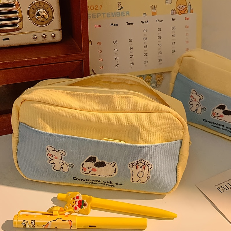 

Pup, Large Capacity Waterproof Canvas Pencil Case With Cute Puppy Print, Layered Stationery Storage Bag