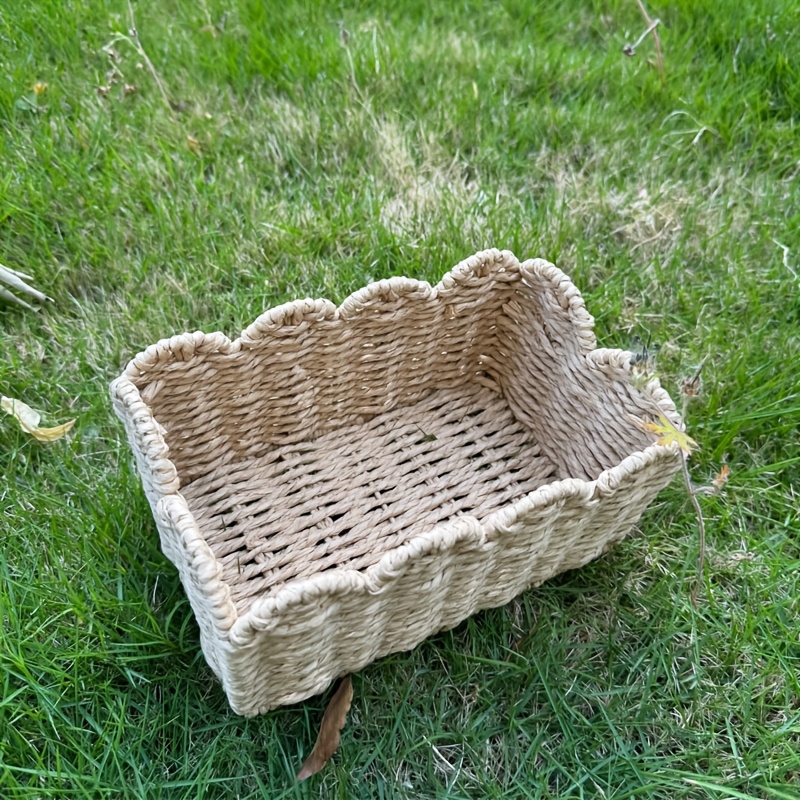 Image of 1pc Small Basket With Wavy Edges Made Of Paper Twine; Ideal For Shelves, Laundry, Towels, Clothing, Books, Or As A Cute Decorative Basket For Organization, Shelf Baskets