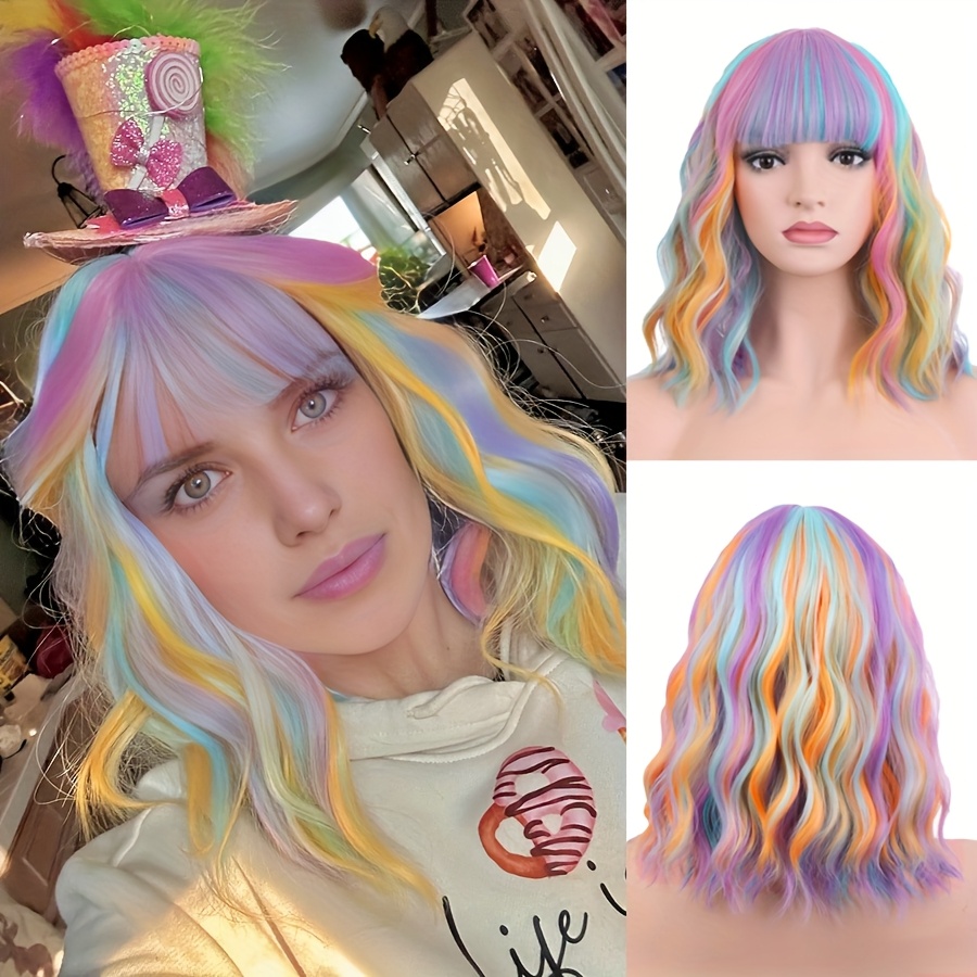 Image of 14 Inches Rainbow Wig Short Wavy Pastel Wig With Bangs Multi Color Wigs For Women Heat Resistant Synthetic Cosplay Costume Wigs