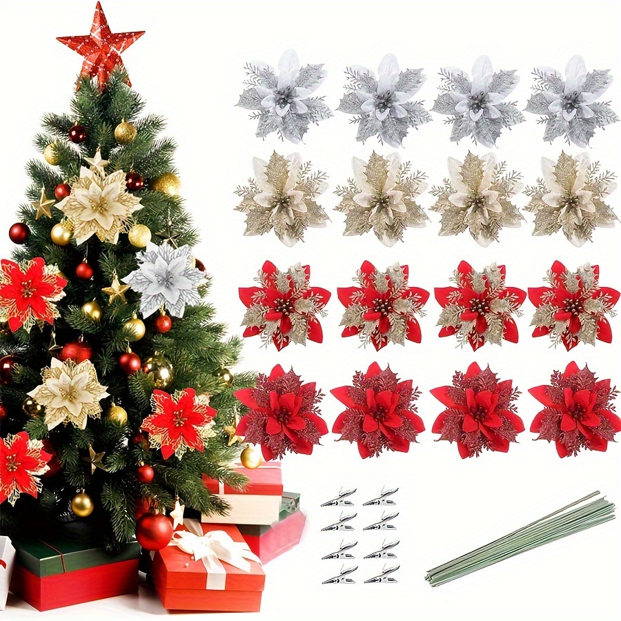 

15pcs Artificial Poinsettia Flowers With Clips And Stems, Contemporary Plastic Christmas Tree And Wreath Decorations, No Electricity Or Feathers Required, Ideal For And New Year Celebrations