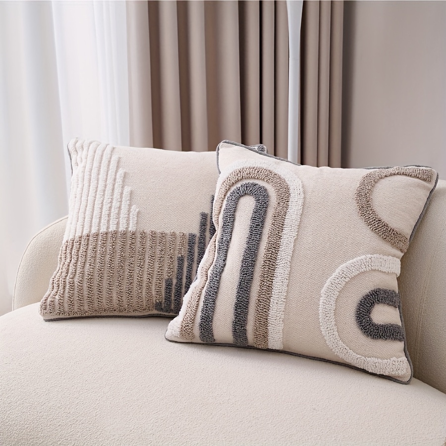 1pc Bohemian Moroccan Geometric Embroidered Decorative Pillow Cover, 45.72x45.72 cm, Zippered Farmhouse Cushion Case, Machine Washable, White with Beige & Gray Patterns for Sofa and Bedroom Decor - No Insert Included, Pillows for Couch