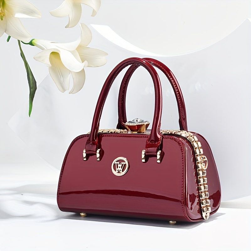 

Elegant Glossy Handbag For Women, Luxury Rhinestone Decor Satchel Purse, Trendy Patent Leather Pu Crossbody Bag