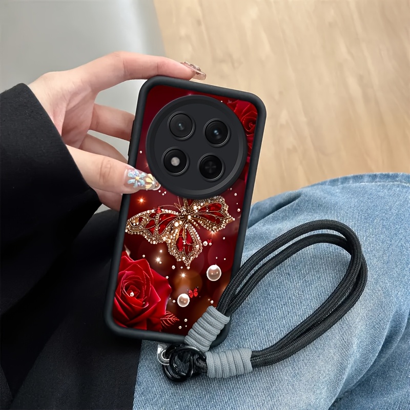 TEMU Phone Case: 2d Flat 2pcs Set: Includes 1 Phone Case + 1 Strap, Red Rose Pattern Illustration Phone Case, Suitable Magic 7 Lite, Unisex Lanyard