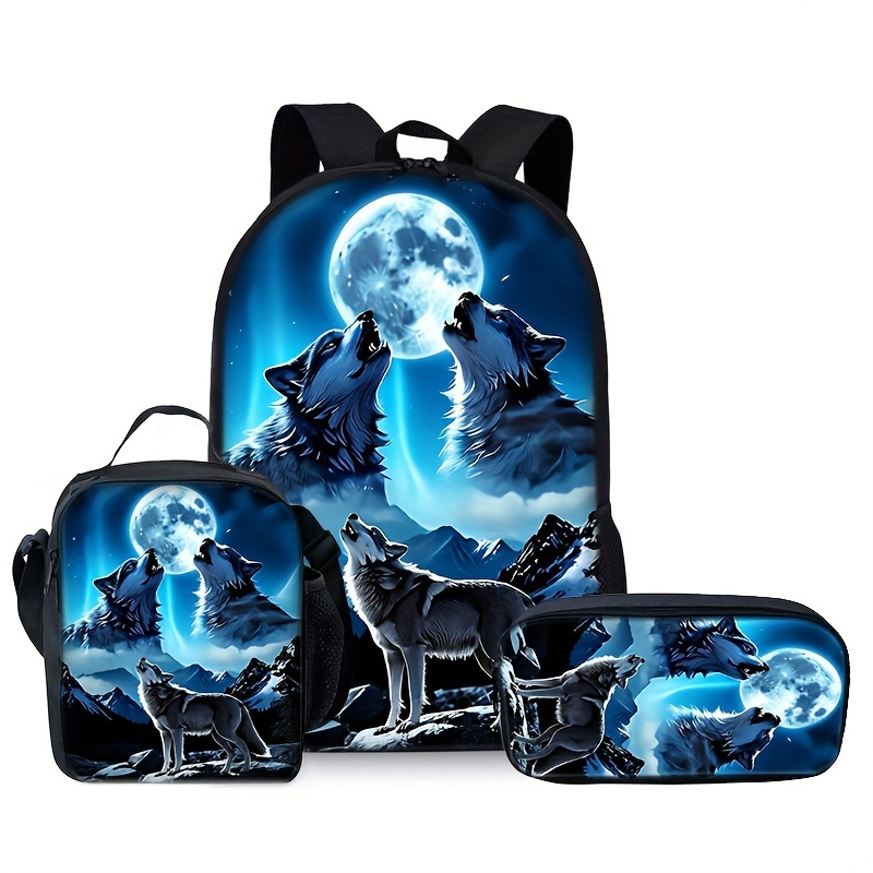 

Moon & Wolf Black Backpack Set - 3pcs Pvc School Bag With Adjustable Straps, Lightweight Design, Zip Closure