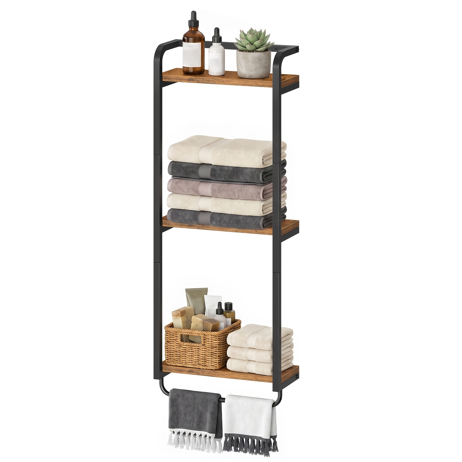 TEMU 3-tier Towel Rack, Wall-mounted Towel Rack, Bathroom Towel Holder, Bathroom Storage Rack, Metal Frame With Wooden Shelves, Three-tier Shelving,