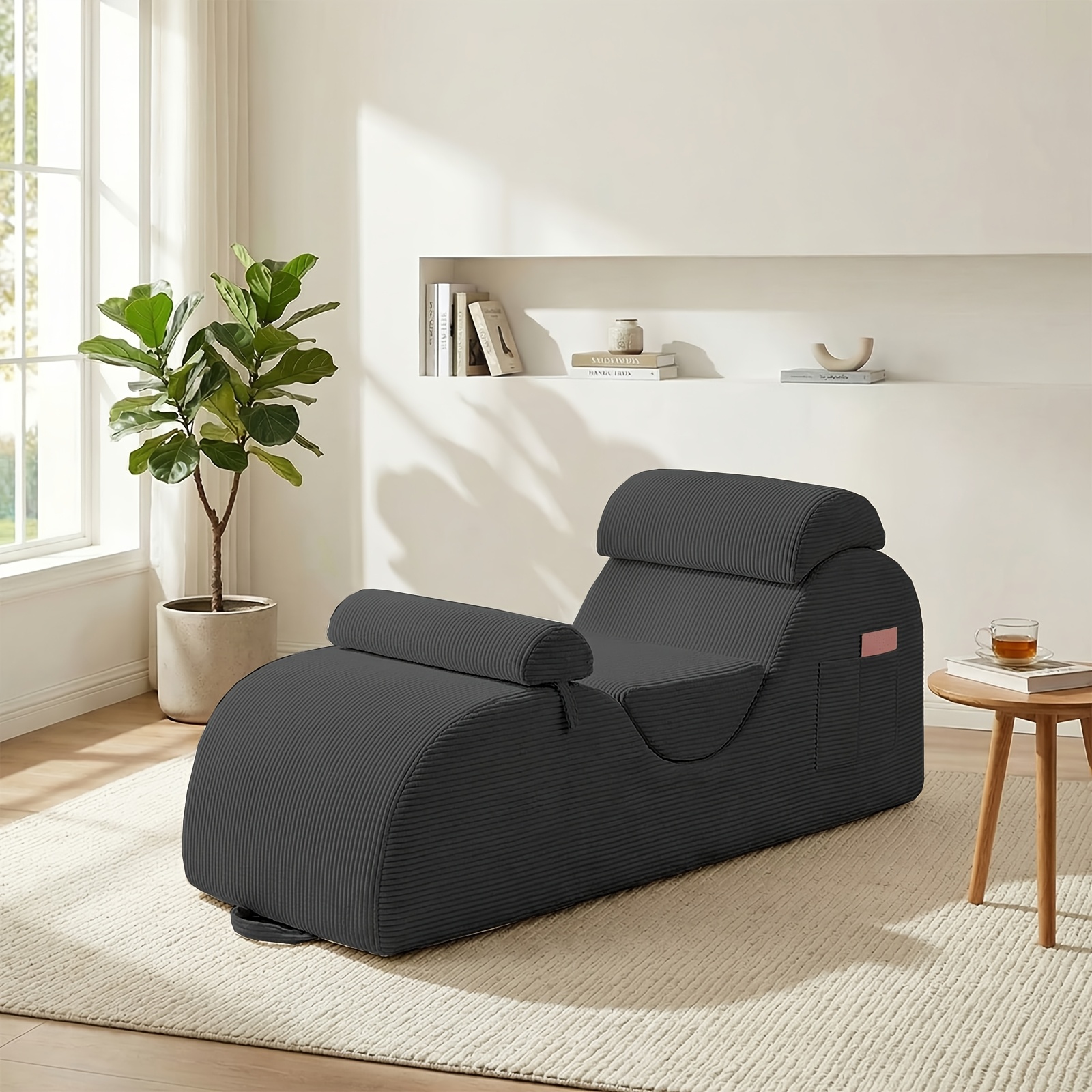 Striped Adult Yoga Chair, Indoor Toilet Chair with Side Pockets, Headrest, Lumbar Cushion, Movable Footrest, Curved Yoga Sofa for Relaxing And Stretching in Bedroom, Black