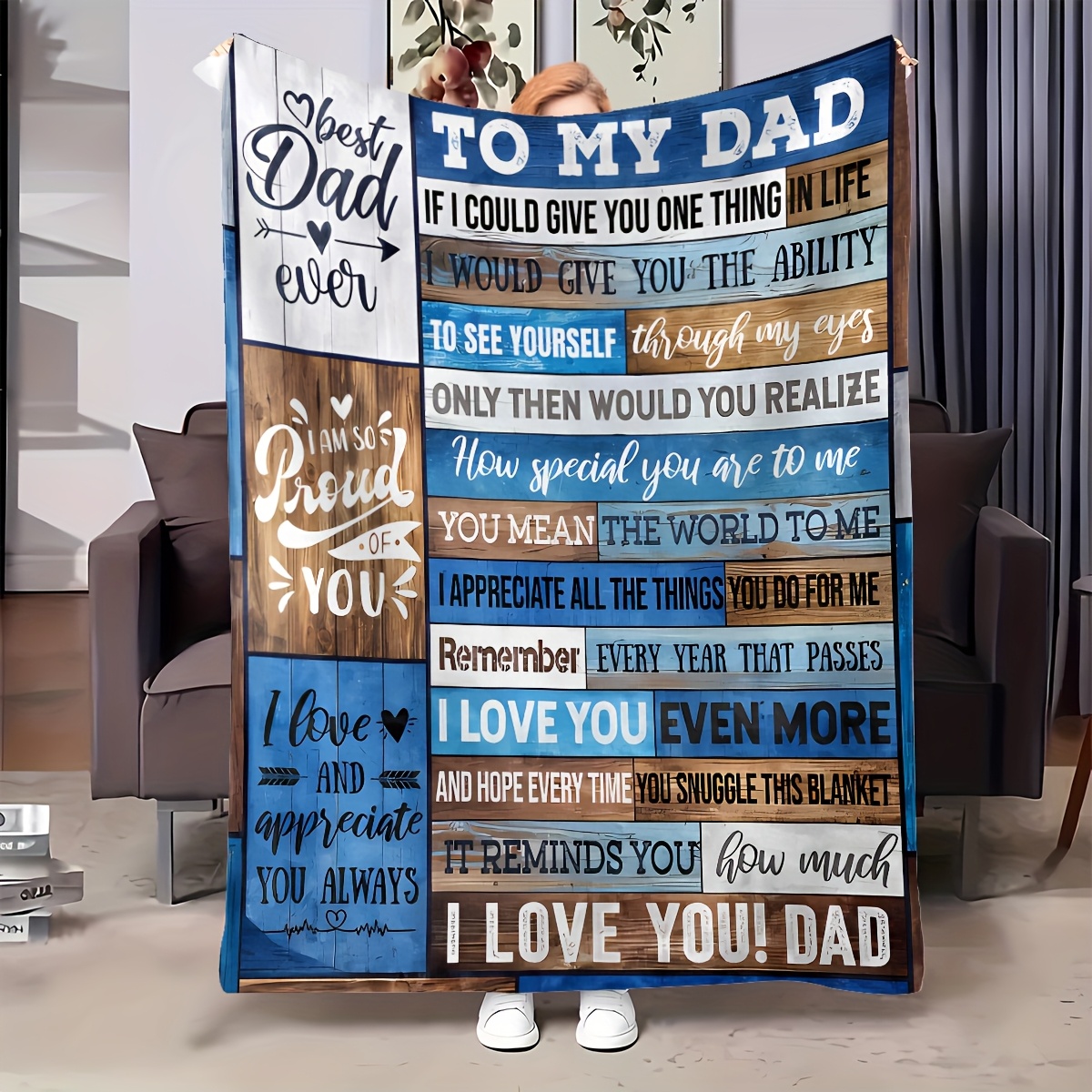 TEMU 1pc "to My Dad" Wooden-style Text Throw Blanket - Message, Quilted Design, Sofa, Bedroom, Study, Camping, Travel - Ideal Father's Day Gift,