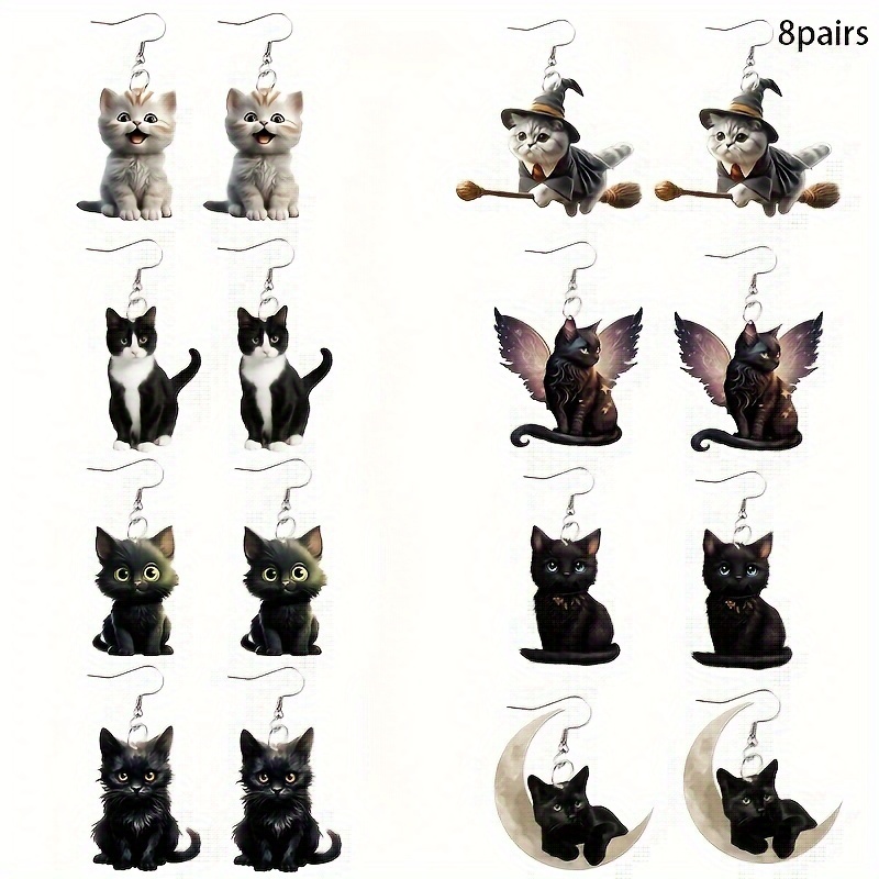 

8 Pairs Of Adorable Black Cat Earrings - Perfect For Halloween Or Everyday Wear - Cute Animal Theme - Acrylic Material - No Plating Or - Suitable For Parties And Casual Outings