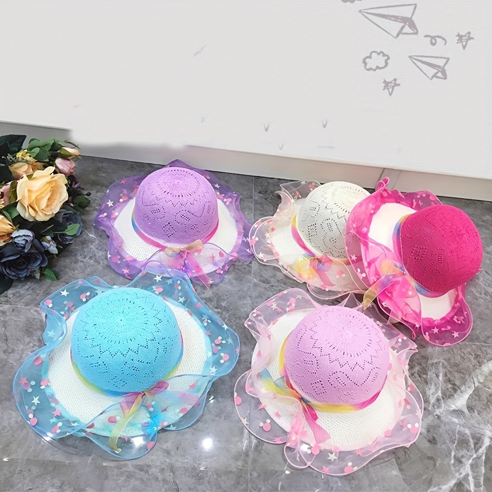 

1pc Breathable Fashionable Sun Hat With Ribbon Bow, Summer Beach Sunshade Cap With Star Pattern Veil, For Teens