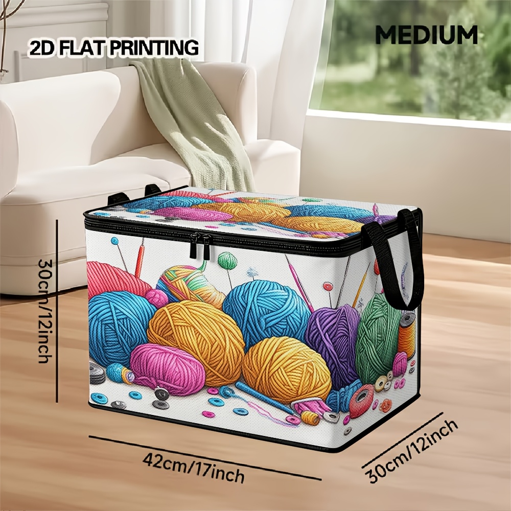 TEMU 1pc 2d Flat Of Vibrant Yarn And Tools Printed Storage Basket Featuring A Lid, Ideal For Organizing Shelves, Clothing, And Seasonal Items In A