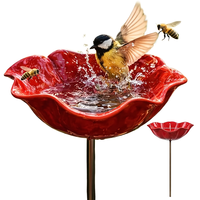 2d flat handmade metal flower garden stake with bee bath bird water bowl decorative outdoor yard art     watering station weather resistant garden decor gift