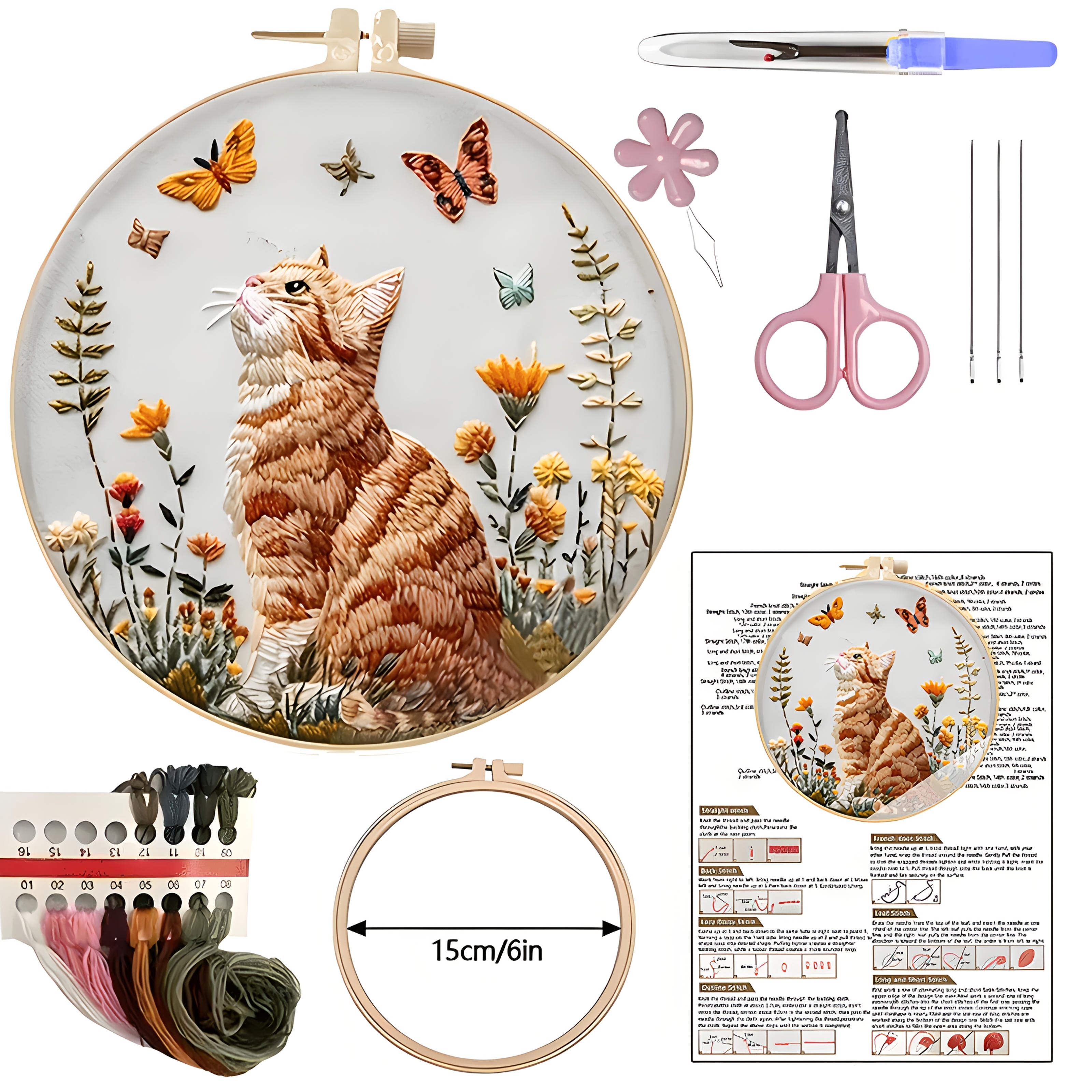 

1set Diy Cat And Butterfly Embroidery Kit For Beginners - Includes Hoop, , Needles, And Manual - Ideal For Home Decor, Gifts, And Decoration