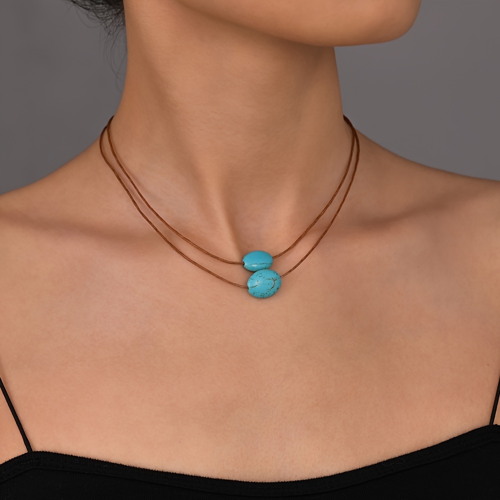 

Collier en cuir avec pendentif en turquoise à double rangée de style vintage pour femmes - Sans placage, Matériau en pierre, Idéal pour un usage quotidien et les cadeaux