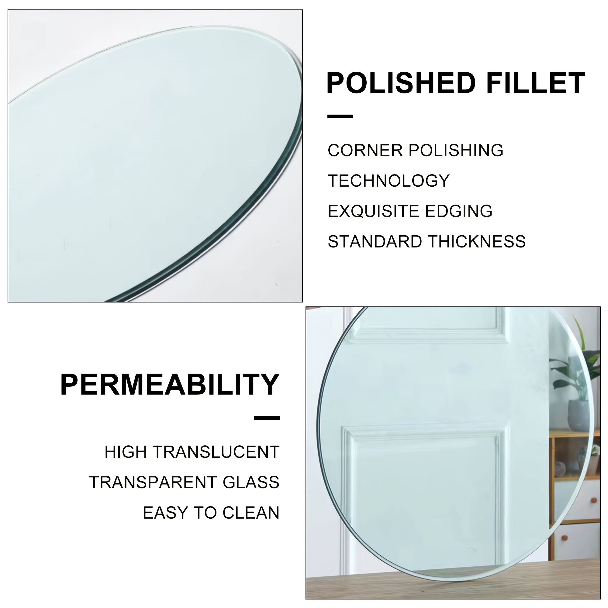 A 42-Inch Round Glass Tabletop, Featuring 0.37-Inch Thick Tempered Glass with a Pencil Polished Edge, Serves As a Clear Replacement for Dining Tables, Coffee Tables, Office Desks, And Kitchen Tables. It Offers a Large, Durable