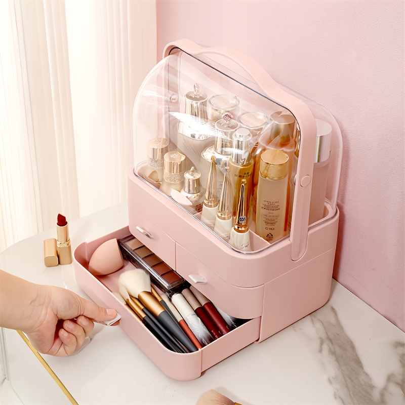 pink expandable makeup organizer with drawers dustproof cosmetic storage box for skincare lipstick jewelry and brushes transparent lid multi tiered compartments vanity or bathroom countertop cosmetic storage organizer details 5