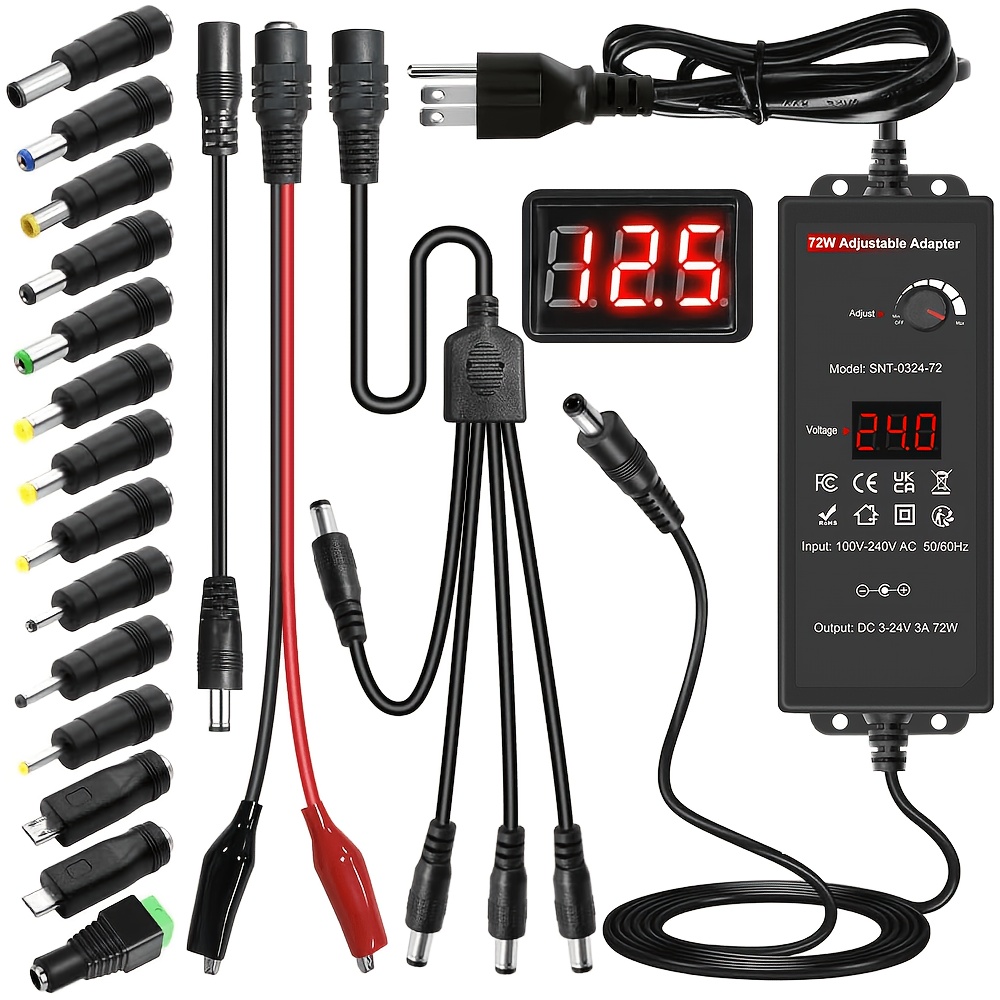 TEMU Adaptateur 72W, alimentation universelle compatible avec 100-240V CA vers 3-24V tension réglable, 3A, avec fils d'adaptateur de pôle et négatif