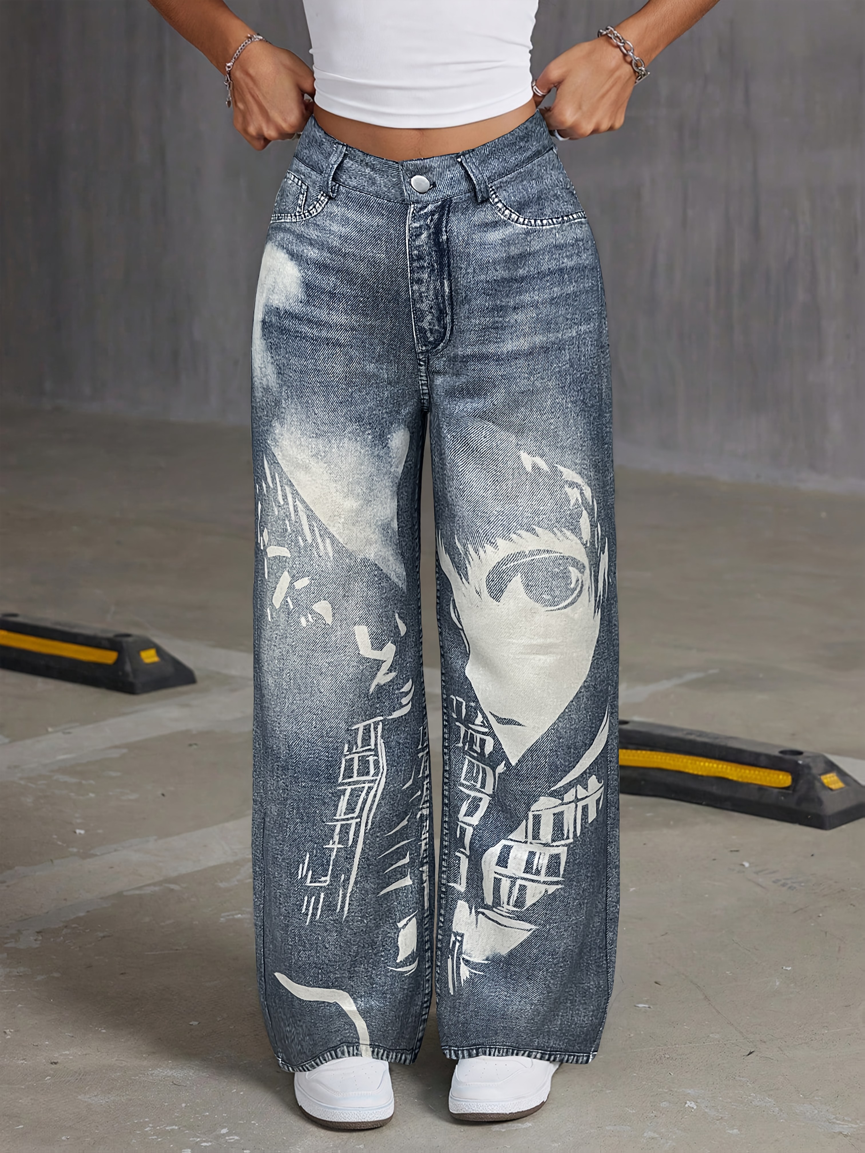 Blue Denim Jeans Doua Fete Anime shops Print Straight Leg Jeans Hip Hop Unisex