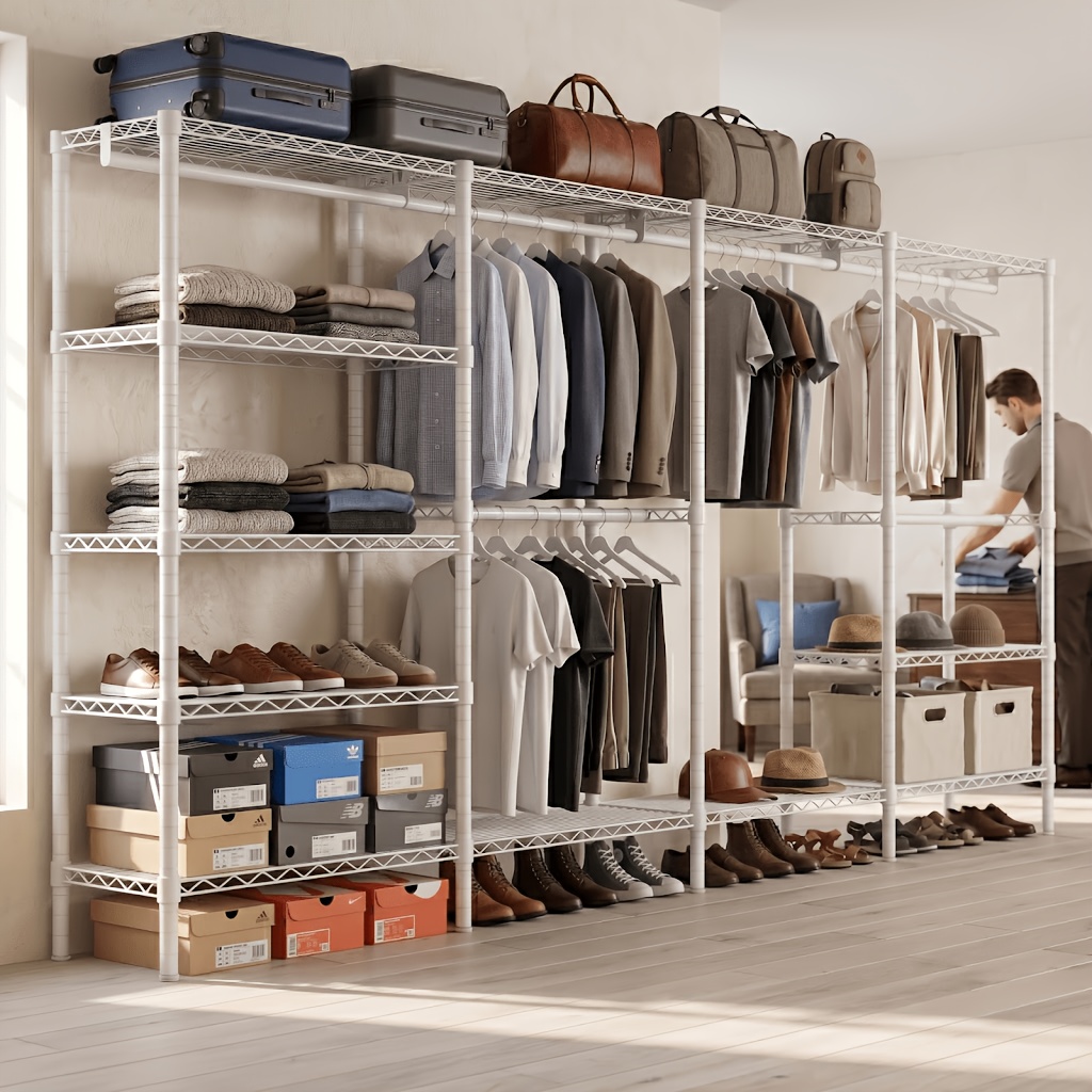 TEMU Portant à vêtements robuste en métal blanc, portant autoportant 4x4 pour vêtements suspendus, grand organisateur de penderie 196×49×196 cm avec