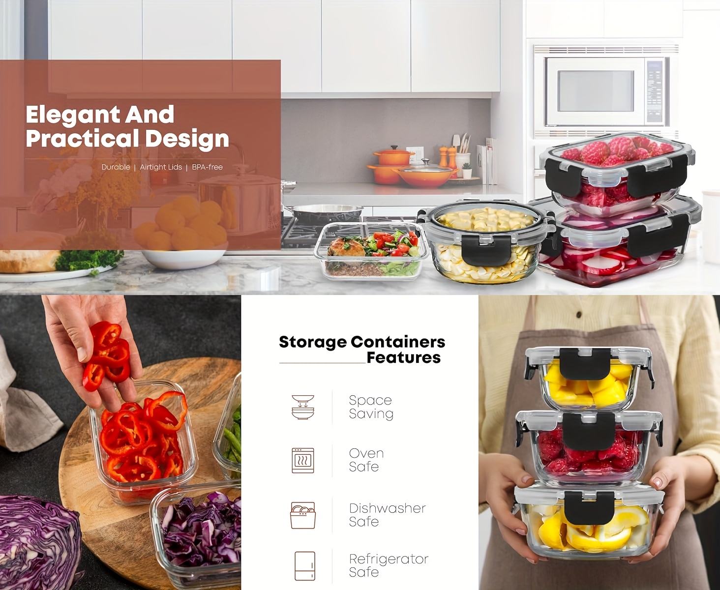 30pcs airtight glass food storage containers with lids set bpa free leak proof meal prep containers microwave oven freezer dishwasher safe 15 containers 15 lids clear glass for visibility   lunch prep fruits veggies   ideal for halloween christmas gifts food container storage kitchen containers food storage food prep containers Product details 1