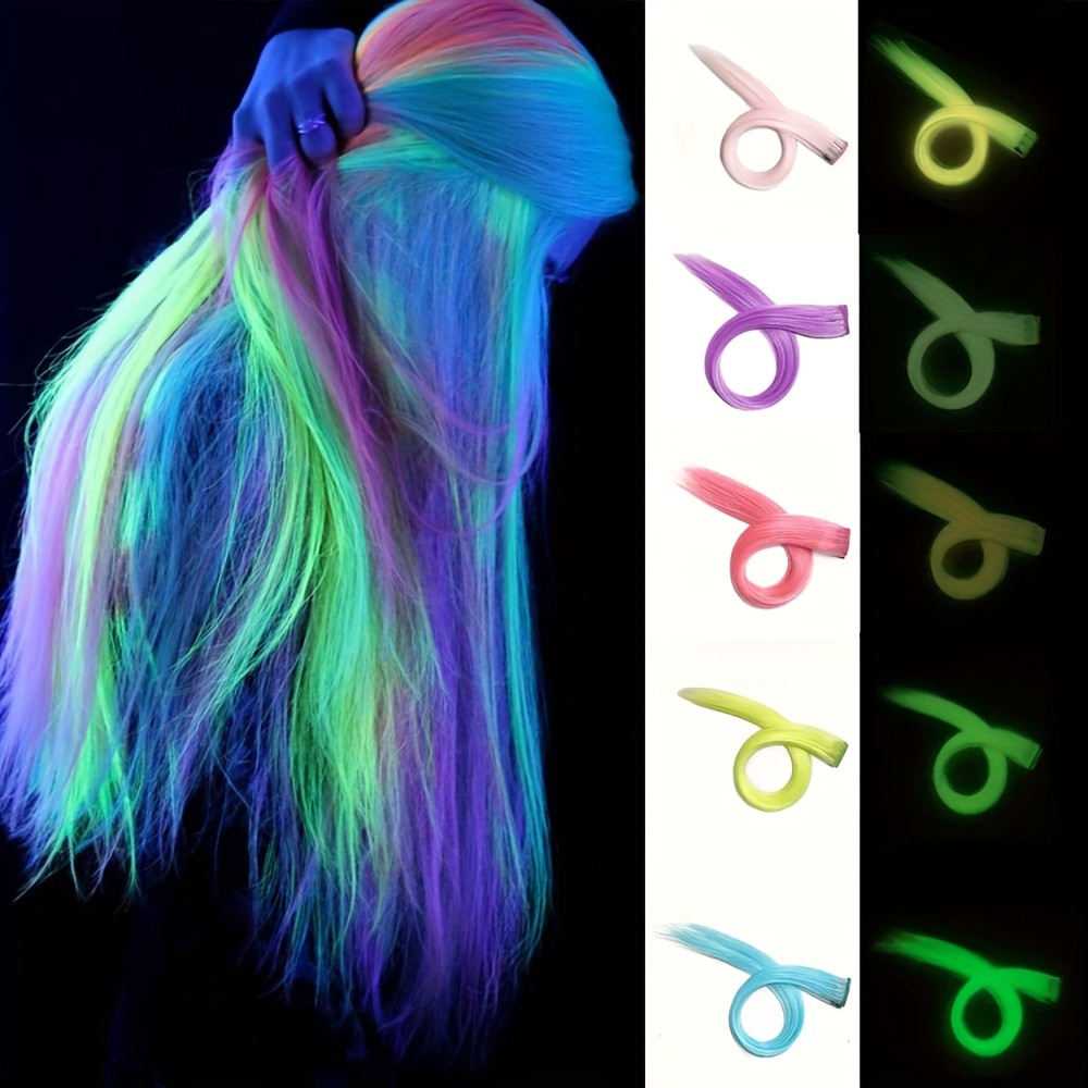 5pcs/set Glow In The Dark Hair Extensions 20 Inch Luminous Colored Hairpieces Colorful Hair Clips Synthetic Neon Fake Hair Clips Hair Accessories For Diy Women