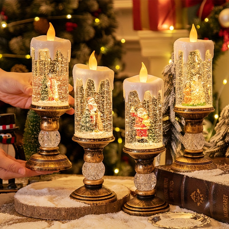 santa claus flameless candle lamp christmas home decor christmas decorative light 11 4in flameless candle lamp built in christmas music and automatic rotating snowflake christmas gift