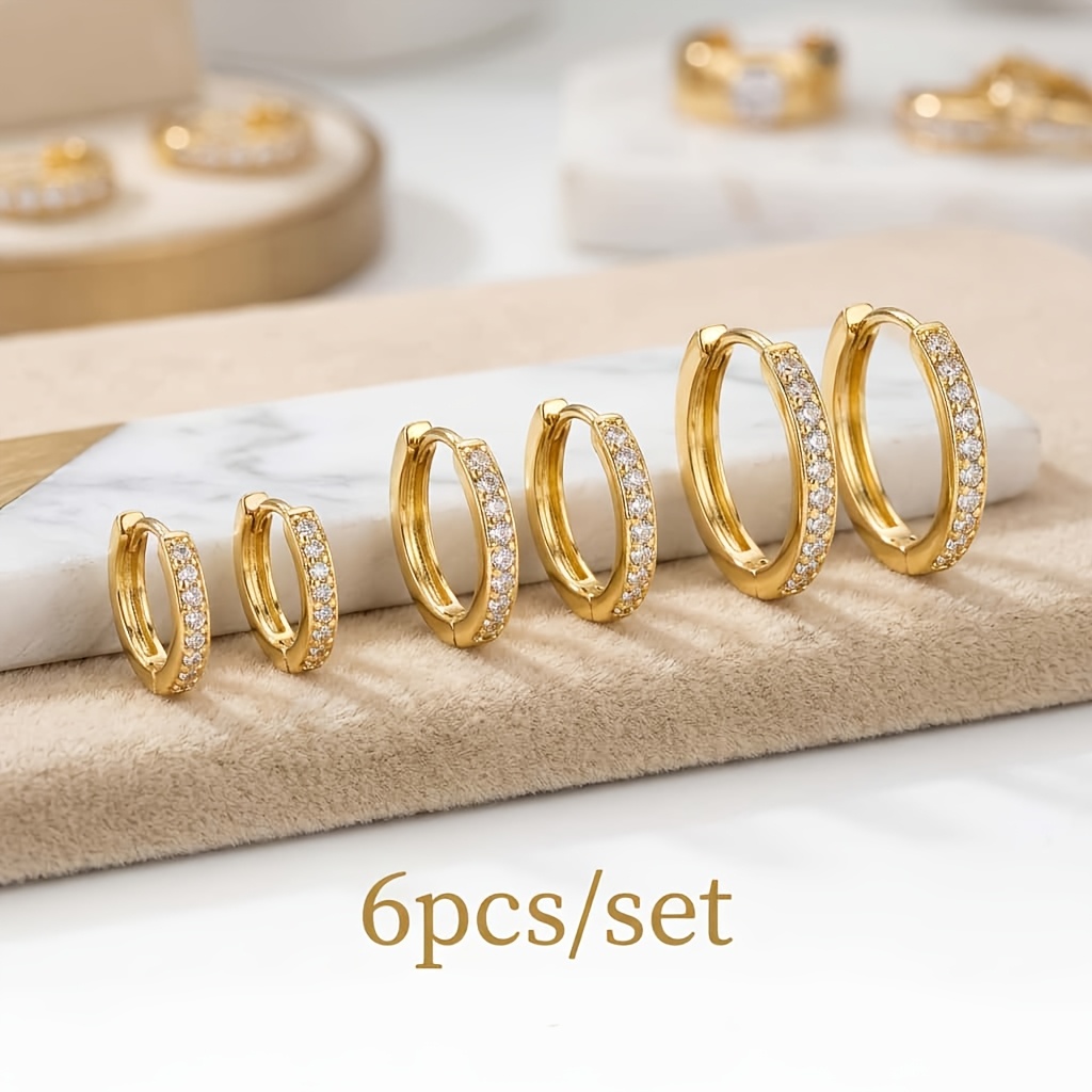 TEMU Light Luxury Golden Hoop Earring Set - Mixed Sizes, Inlaid With Synthetic Zirconia Pave Micro To Medium Hoops; Hypoallergenic Copper Earrings