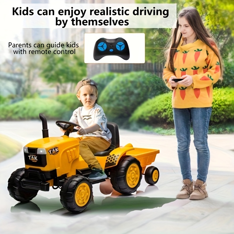 

12v Kids Ride On Tractor Electric Excavator Battery Powered Motorized Car For Kids 3-6, With, Detachable Trailer, Remote Control, & Bright Headlight, Yellow