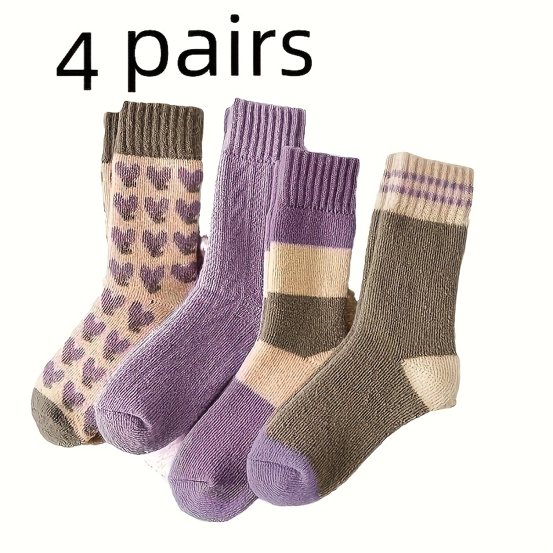 E-shop 4 Paar Damen Herbst Winter Fleece Verdickte Badewanne Warm Lila Herz Kleine Blume Ins Trendy Mid-Calf Socken