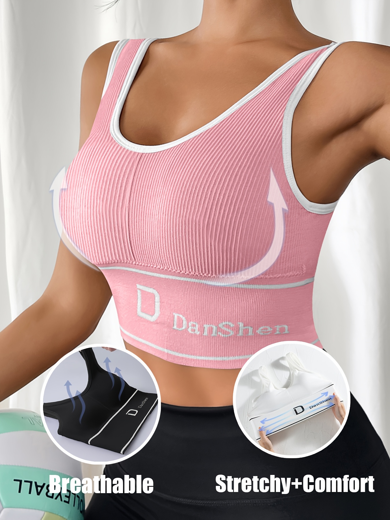 DanShen Women's High-Support Sports Bra - Wireless, Padded, Stretchy Nylon Blend for Yoga & Running, Mint Green Ribbed Design with White Logo, Machine Washable